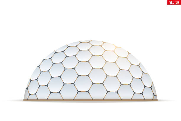 Geodesic dome of hexagon honeycombs form Geodesic dome of hexagon honeycombs form. Hemispherical thin-shell structure. Vector Illustration isolated on white background. geodome stock illustrations