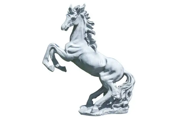 Photo of Horse statue isolated on white background. Skittish horse sculpt