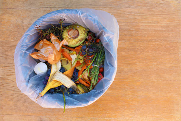бытовые отходы для компоста из фруктов и овощей в мусорном баке. - rotting banana vegetable fruit стоковые фото и изображения