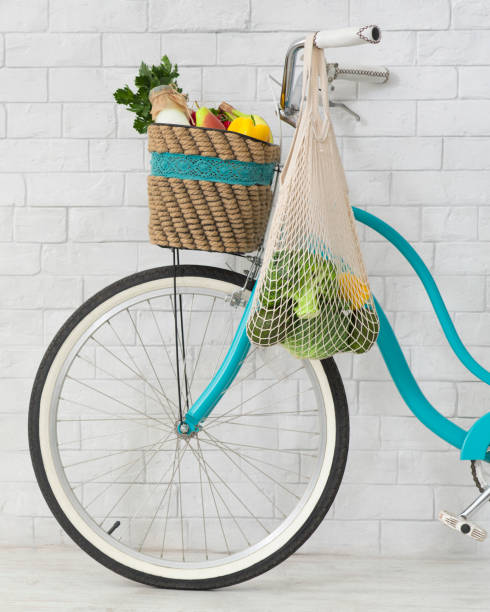 istock Zero waste shopping bag hanging on retro bicycle 1187572579