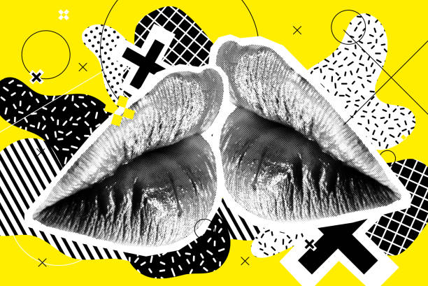 istock Kissing Halftone Woman Lips On Bright Background 1187574241