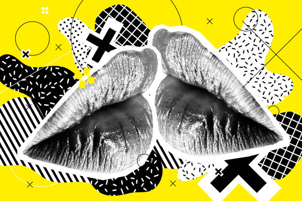 Kissing Halftone Woman Lips On Bright Background Kissing Halftone Woman Lips On Bright Background with Shapes in Fanzine style. Vector Collage With Universal Graphic Elements, Geometric Shapes, Dotted Object For Your Design punk rock stock illustrations