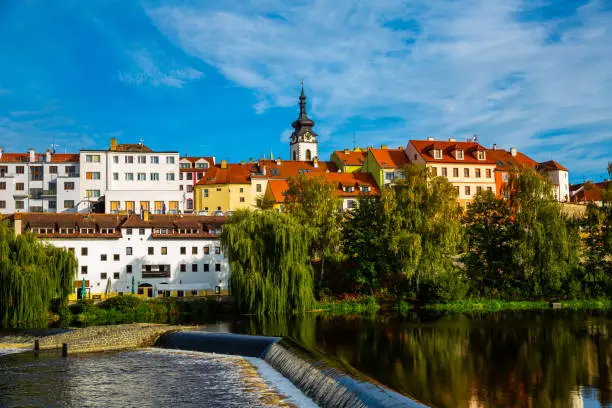 Scenic view of the city of Pisek and Otava river. Czech Republic