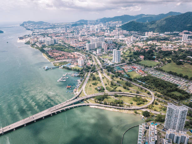 penang bridge from aerial point of view during day time penang bridge from aerial point of view during day time butterfly colias hyale stock pictures, royalty-free photos & images