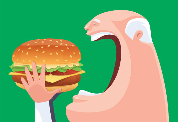 illustrations, cliparts, dessins animés et icônes de homme aîné mangeant le grand hamburger - portrait bouche ouverte