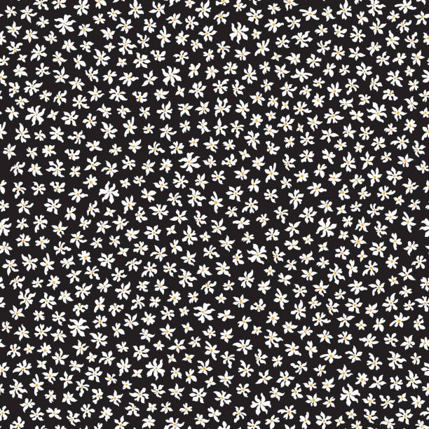 혼란 순서로 작은 흰색 데이지와 카모마일 꽃에서 벡터 원활한 꽃 패턴. 검은 색 배경에 트렌디 한 밀플레어 스타일. 바틱, 벽지, 포장지, 친츠 섬유 프린트 - blossom florescence flower wallpaper pattern stock illustrations