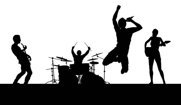 Music Band Concert Silhouettes A musical group or rock band playing a concert in silhouette rock musician stock illustrations