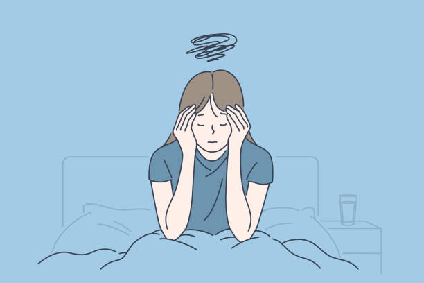 Morning migraine, chronic fatigue and nervous tension, stress or flu symptom, hard to wake up concept Morning migraine, chronic fatigue and nervous tension, stress or flu symptom, hard to wake up concept. Young woman with strong headache, tired and exhausted girl holding head. Simple flat vector exhaustion stock illustrations