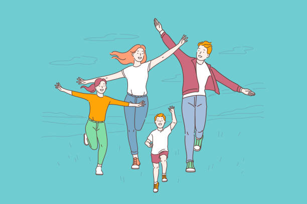 ilustraciones, imágenes clip art, dibujos animados e iconos de stock de estilo de vida saludable, concepto de recreación activa - familia feliz