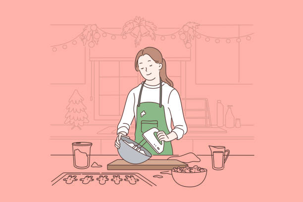 ilustraciones, imágenes clip art, dibujos animados e iconos de stock de preparación de la celebración de navidad, espera de vacaciones de invierno y concepto de estado de ánimo de año nuevo - stereotypical housewife little girls family domestic kitchen