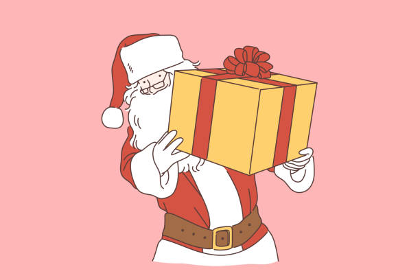 Christmas gift, New Year surprise concept Christmas gift, New Year surprise concept. Present, bonus, congratulation, Santa Claus with gift box, Xmas tradition, man in costume winter holidays item, festive attribute. Simple flat vector christmas family party stock illustrations