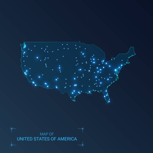 istock United States of America map with cities. Luminous dots - neon lights on dark background. Vector illustration. 1187580582