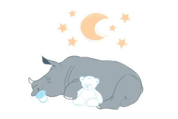 Vector illustration of Hand drawn vector illustration with a cute baby rhinoceros sleeping celebrating new birth