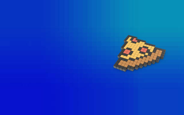 Three dimensional pixaleted Pizza Slice symbol on blue background. 3D rendering.