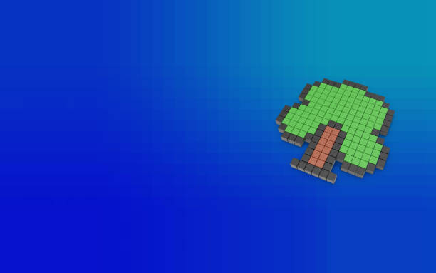 Three dimensional pixaleted Tree symbol on blue background. 3D rendering.