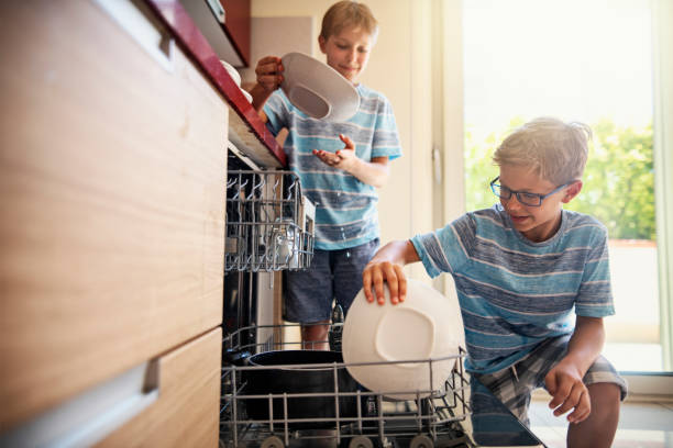 Little boys loading dishwasher after lunch