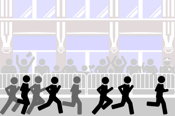 illustrazioni stock, clip art, cartoni animati e icone di tendenza di maratona per le strade della grande città - procession panel