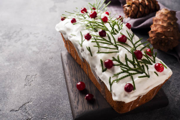 istock Traditional Christmas cake with cranberries on gray table background. Horizontal. Copy space. 1187587274