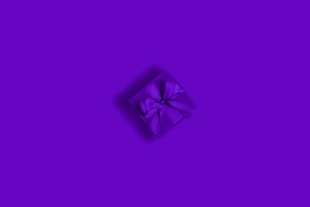 Single purple gift box on purple background with purple tied bow