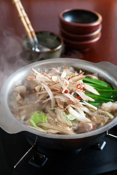 Motsu nabe with Sliced burdock, leek and cabbage.
Motsu nabe is a Japanese food that is made from Beef or Pork Tripe (offal).
It's originally was a local dish around the Fukuoka City area. Now, it has become a popular dish all over Japan.