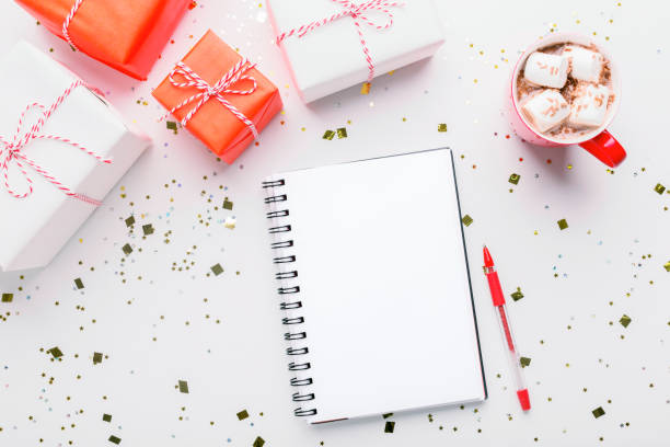istock Empty notebook on Christmas background with cup of hot chocolate 1187587715