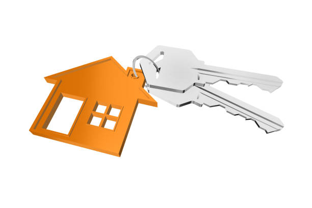 istock 3D key ring with house hanger on white background 1187589826