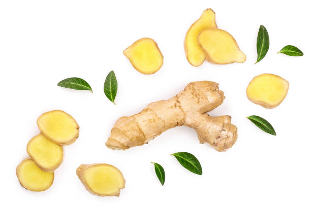 istock fresh Ginger root and slice isolated on white background with copy space for your text. Top view. Flat lay 1187591743