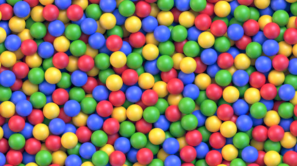 Dry children's pool with colorful plastic balls Dry children's pool with colorful plastic balls. Pile of multicolored toy balls for children at the playground. Realistic vector background gumball machine stock illustrations
