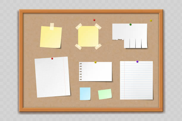 코르크 게시판의 종이 시트 및 스티커 - bulletin board note pad thumbtack office supply stock illustrations