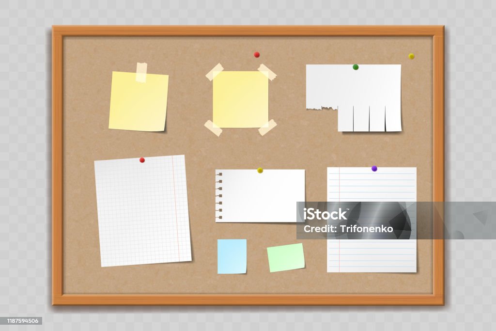 Paper Sheets And Stickers On Cork Bulletin Board Stock Illustration -  Download Image Now - Bulletin Board, Chalkboard - Visual Aid, Note Pad -  iStock
