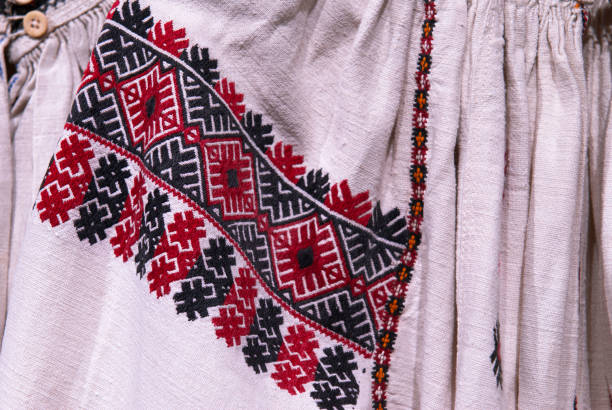 Fragment of Ukrainian national embroidery on the sleeves of the dress