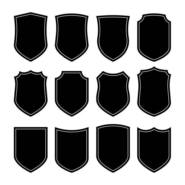 ustawiono ikony tarczy. różne czarne kształty tarcz na białym tle. ilustracja wektorowa - police officer security staff honor guard stock illustrations