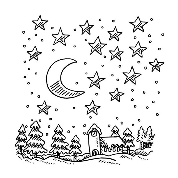 Stars Moon Winter Night Landscape Drawing Hand-drawn vector drawing of a Stars And Moon Winter Landscape at Night. Black-and-White sketch on a transparent background (.eps-file). Included files are EPS (v10) and Hi-Res JPG. moon drawings stock illustrations