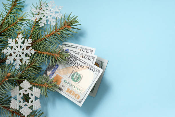 コピースペースを持つ青い冬の背景にモミの枝にドルと雪片。クリスマスプ��レゼント - imitation currency paper currency gold ストックフォトと画像