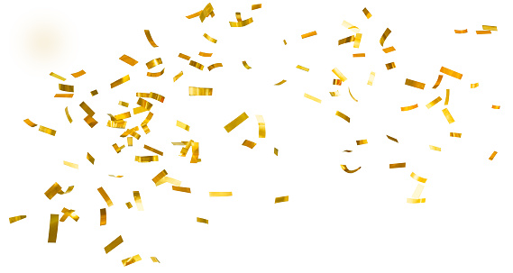 Descending golden shiny confetti isolated on a white background. Sparkling festive tinsel