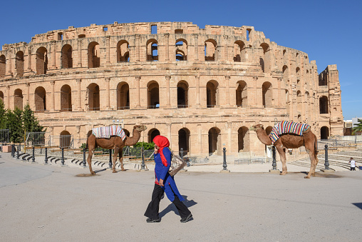 El Jem, Tunisia - 5 November 2019: Roman amphitheater of El Jem on Tunisia, Unesco world heritage