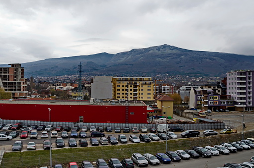 A view of a residential neighborhood with a large shop and parking, Sofia, Bulgaria