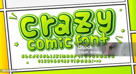istock Funny comics font, kid's alphabet in style of pop art. Multilayer green letters with halftone effect on comic book page for decoration of children's illustrations, posters, advertising. 1187606441