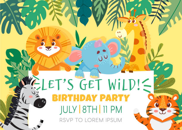 illustrations, cliparts, dessins animés et icônes de cartes de voeux d'anniversaire avec des animaux mignons - zoo animal safari giraffe