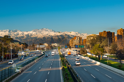 Expressway in Las Condes district with Los Andes mountain range in the back, Santiago de Chile