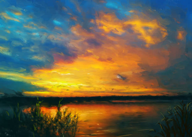 Summer sunset, oil painting Summer oil painting landscape, impressionism watercolor sunset stock illustrations