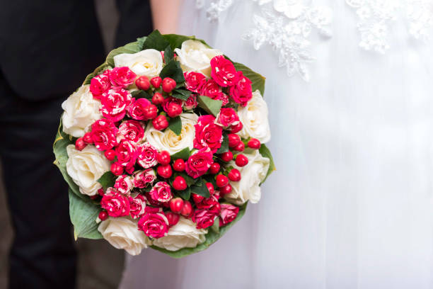 bouquet de mariage des roses rouges et blanches avec des baies rouges sur le fond d'une robe blanche, fleurs, - bouquet wedding bride flower photos et images de collection