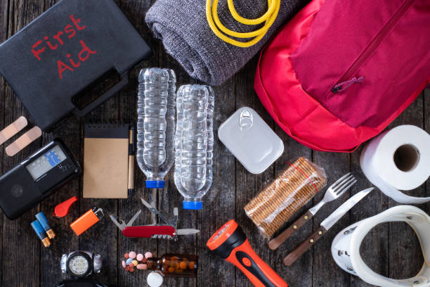 Emergency bag for earthquake Preparation for natural disasters concept earth first aid stock pictures, royalty-free photos & images