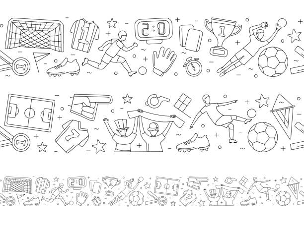 Soccer football player game match fans line icons seamless background pattern. Soccer football world championship player game match soccer fans thin line icons seamless background frame border pattern. Vector illustration doodles in linear simple style. White, black colours fifa world cup stock illustrations