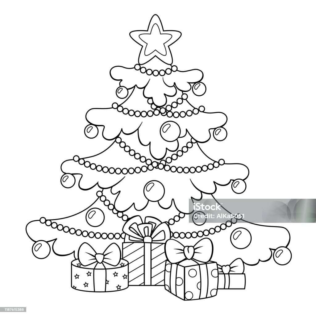 Vetores de Árvore De Natal Com Presentes Feliz Natal E Feliz Modelo De  Cartão De Ano Novo Ilustração Do Vetor Preto E Branco Para O Livro Da  Coloração e mais imagens de