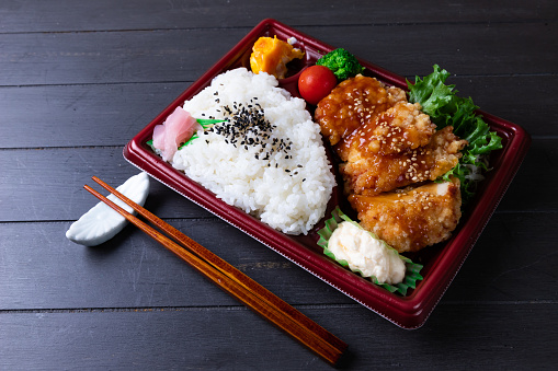 Miyazaki Style Nanban Chicken Rice Bento, fried chicken dishes with creamy tartar sauces