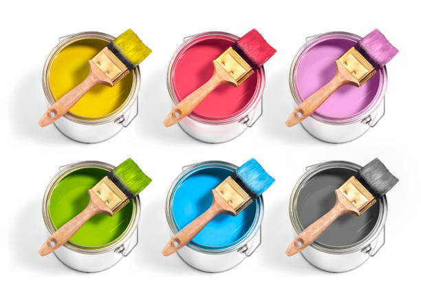 istock Paint cans with different decorator's paints with brush on top on a white background. 6 colors 1187615771