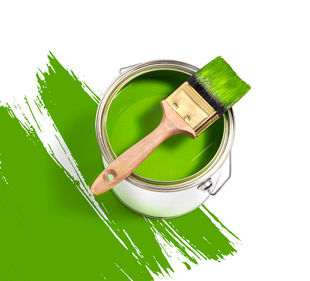green paint tin can with brush on top on a white background with green strokes