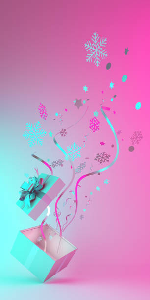 istock Winter abstract design creative concept, gift box, snow icon confetti glitter scattering on blue pink gradient background. 1187618472
