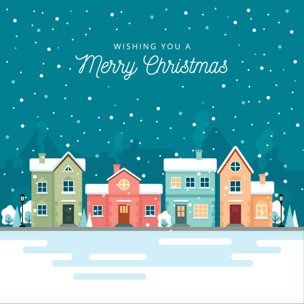Christmas winter city street with small houses and trees on background. Its snowing. Flat style. Vector illustration. Christmas winter city street with small houses and trees on background. Its snowing. Flat style. Vector illustration. winter city stock illustrations